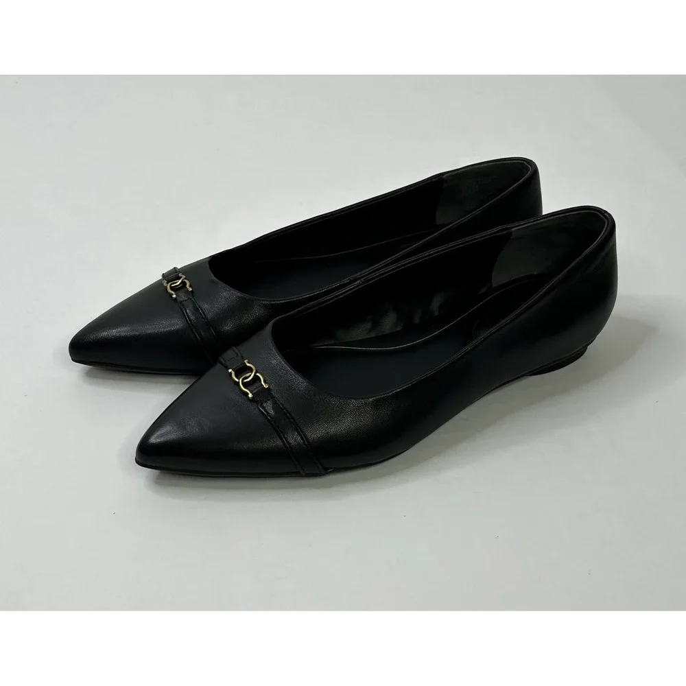 Giani Bernini Bentlley Pointed Toe Flats + Gold Tone Accent Womens Black 6M READ